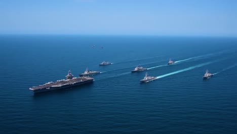 Very-Good-Aerial-Over-A-Fleet-Of-Amercian-Warships-At-Sea