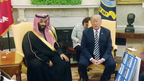 Us-President-Donald-Trump-Meets-With-Crown-Prince-Mohammed-Bin-Salman-Of-The-Kingdom-Of-Saudi-Arabia-And-Shows-Cards-Indicating-Saudi-Arabia-Buying-Huge-Amounts-Of-Arms-And-Weapons-And-Defense-Systems-From-America