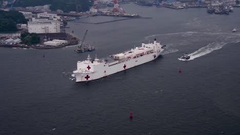Aerial-Of-Military-Sealift-Command-Hospital-Ship-Usns-Mercy-(Tah-19)-Departs-Commander-Fleet-Activities-Yokosuka-Japan