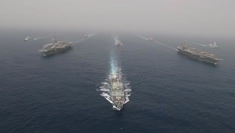 Aerial-Of-Uss-Abraham-Lincoln-And-John-Stennis-Carrier-Strike-Group-Moving-Across-The-Mediterranean-Sea-As-A-War-Strike-Force
