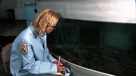 A-Usfws-Scientist-Takes-Notes-As-She-Observes-A-School-Of-Minnows-At-The-Bozeman-Fish-Tecnología-Center