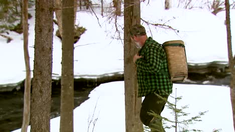 A-Trapper-Uses-Snowshoes-To-Move-Alongside-A-Wintry-Creek-In-Vermont