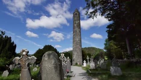 Ireland-Glendalough-Round-Tower-At-Celtic-Monastery-Morning-Time-Lapse