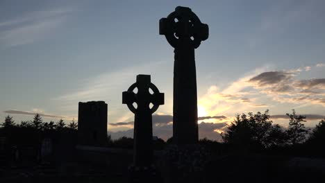 Ireland-County-Sligo-Zooms-On-Silhouette-Of-Celtic-Crosses-At-Sunset-
