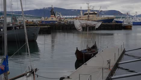 Island-Reykjavik-Hafen-Mit-Wikingerbooten