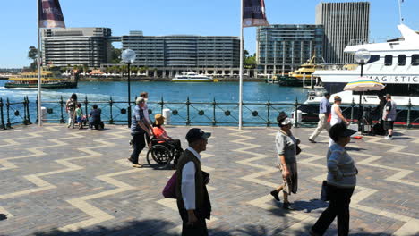 Australia-Sydney-People-Walking-By-Water-With-Excursion-Boat