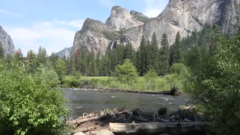 Kalifornien-Yosemite-River-Mit-Treibholz-Und-Fällt-Dahinter