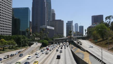 California-Los-Angeles-View-Of-Highway,-Bridges-To-Highway,-And-Tall-Buildings