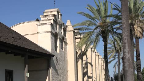 California-Mission-San-Gabriel-Arcangel-Side-View-And-Palm-Zooms-Out