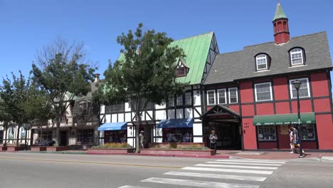 California-Solvang-Shops-With-Street-Traffic-In-Front