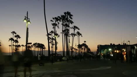 Los-Angeles-Venice-Beach-Boardwalk-Offener-Bereich-Mit-Lampen-Fußgängern-Und-Palmen-Zeitraffer