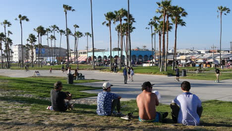 Los-Angeles-Venice-Beach-hombres-se-sientan-en-el-césped-en-el-parque