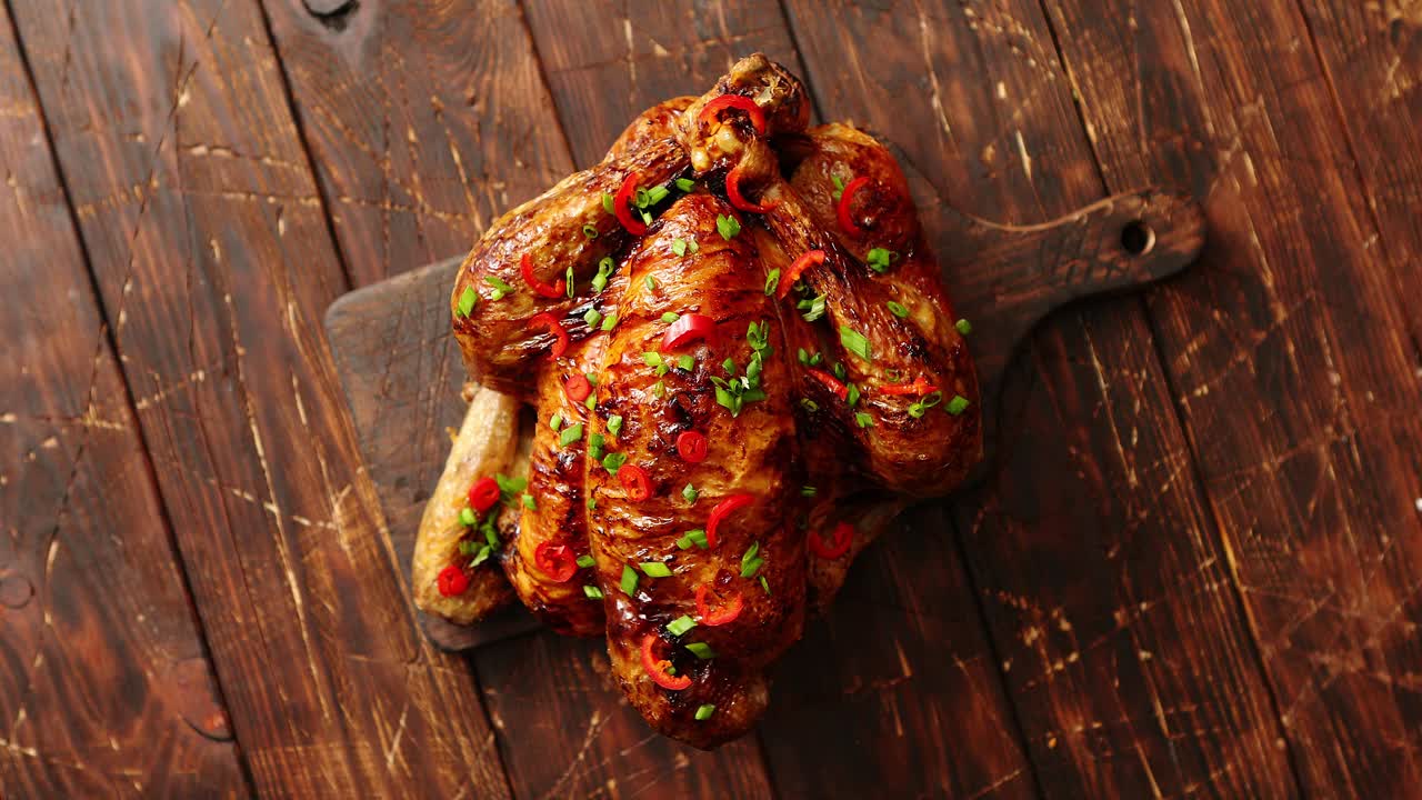 Premium Stock Video Homemade Roasted Spicy Chicken With Chilli And Chive 6283