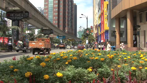 Kuala-Lumpur-street,-flowers-&-monorail