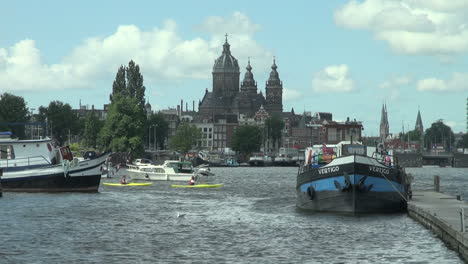 Netherlands-Amsterdam-blue-bow-domed-church-and-kayaks