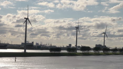 Netherlands-Rotterdam-three-windmills-on-green-strip