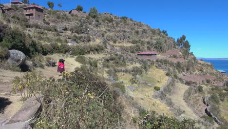 Peru-Taquile-hillside-woman-approaches-with-heavy-load