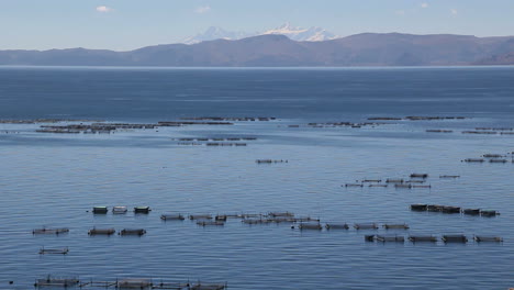 Peru-Lake-Titicaca-tranquil-water-and-fish-hatchery-boxes
