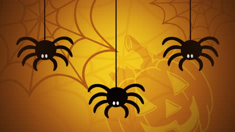 Animación-De-Halloween-Con-Arañas-Y-Calabaza-Sobre-Fondo-Amarillo