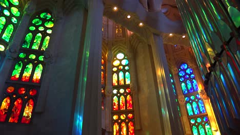 Sunlight-streams-through-stained-glass-in-the-beautiful-interior--of-the-Sagrada-Familia-Cathedral-by-Gaudi-in-Barcelona-Spain-2