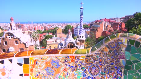 The-bright-and-colorful-artwork-of-Gaudi-in-Park-Guell-Barcelona-Spain