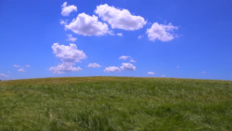 Wolken-Treiben-Hinter-Wunderschönen,-Weiten,-Offenen-Feldern-Mit-Wehenden-Getreidefeldern-1