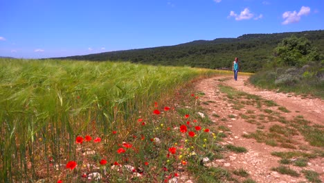 A-young-girl-walks-along-a-dirt-road-near-a-field-of-wildflowers