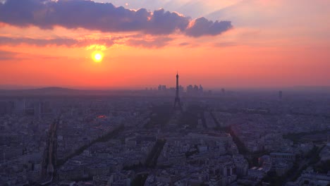 High-angle-view-of-the-Eiffel-Tower-and-Paris-at-sunset