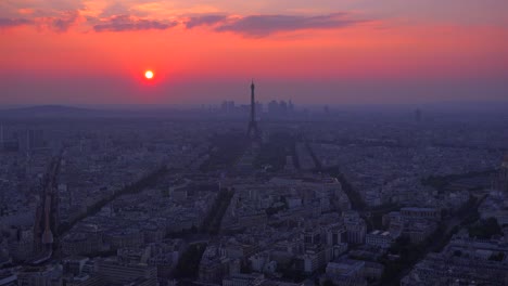 Gorgeous-high-angle-view-of-the-Eiffel-Tower-and-Paris-at-dusk