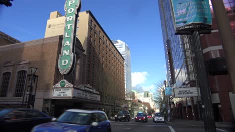 An-establishing-tilt-down-shot-of-downtown-Portland-Oregon-including-the-Portland-theater