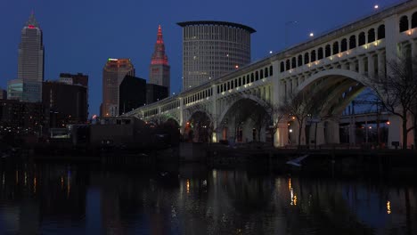 Night-shot-of-Cleveland-Ohio--with-bridge-foreground