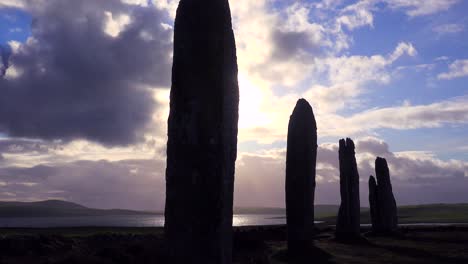 Time-lapse-shot-of-clouds-moving-over-sacred-Celtic-stones-on-the-Islands-of-Orkney-in-Northern-Scotland