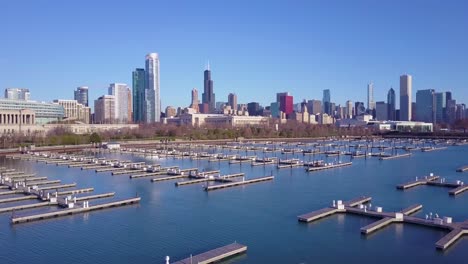 A-rising-aerial-over-a-harbor-with-the-Chicago-Illinois-skyline-background