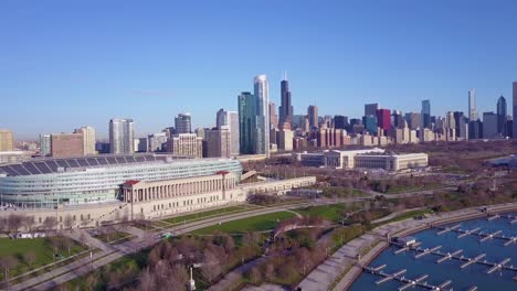 An-aerial-over-Chicago's-Soldier-Field-and-skyline
