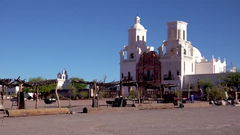 A-beautiful-establishing-shot-of-Mission-San-Xavier-del-Bac-a-historic-Spanish-Catholic-mission-near-Tucson-Arizona