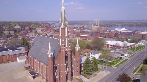 Rising-aerial-shot-over-small-town-America-church-in-Burlington-Iowa