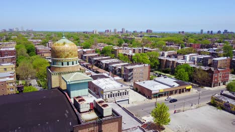Beautiful-aerial-around-a-Moorish-dome-and-lower-class-neighborhoods-on-the-southside-of-Chicago