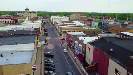 A-high-aerial-over-a-Main-Street-in-small-town-USA