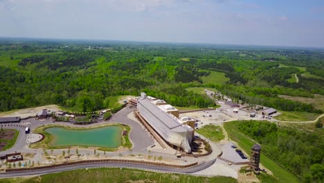 An-aerial-over-a-replica-of-Noah's-Ark-at-the-Ark-Encounter-theme-park-in-Kentucky