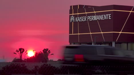 A-sunset-behind-Kaiser-Permanente-hospital-administration-building-in-Southern-California