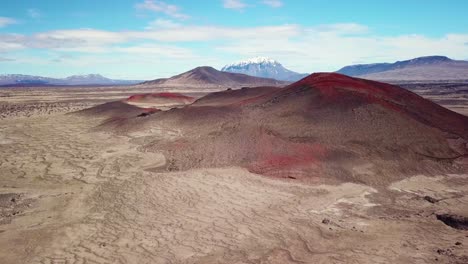 Spectacular-aerial-over-red-ash-topped-volcanoes-and-lava-flows-in-the-remote-highland-interior-of-Iceland
