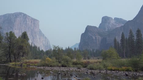 Horizontal-pan-El-Capitan-Merced-River-Cathedral-Rocks-and-the-Yosemite-Valley-Yosemite-National-Park-California