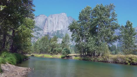 Horizontal-pan-Merced-River-and-Yosemite-Valley-granite-walls-from-Swinging-Bridge-Yosemite-National-Park-California-1