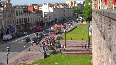 A-main-street-through-Cardiff-Wales-as-seen-from-Cardiff-castle