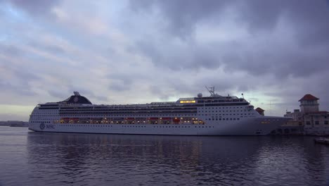 Massive-cruise-ships-dock-at-Havana-harbor-Cuba-at-dusk