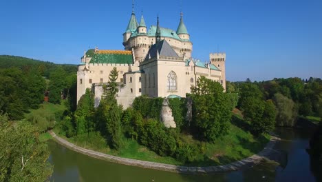 A-beautiful-rising-aerial-view-of-the-romantic-Bojnice-Castle-in-Slovakia
