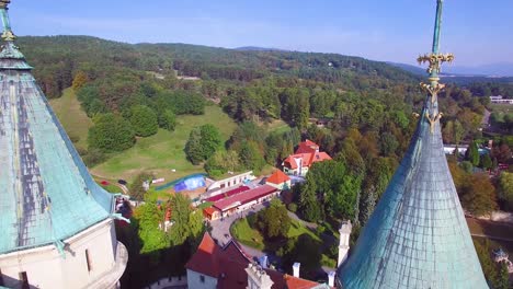 A-beautiful-aerial-establishing-view-over-the-rooftops-of-the-romantic-Bojnice-Castle-in-Slovakia