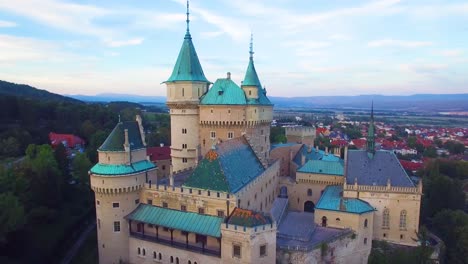 A-beautiful-aerial-view-of-the-romantic-Bojnice-Castle-in-Slovakia-at-dusk-2
