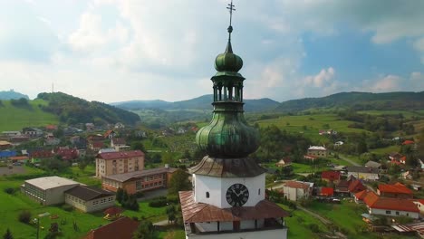 A-classic-aerial-shot-over-a-small-rural-Eastern-European-village-in-Slovakia