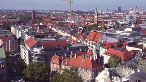 High-angle-classic-establishing-shot-of-the-skyline-of-Munich-Germany